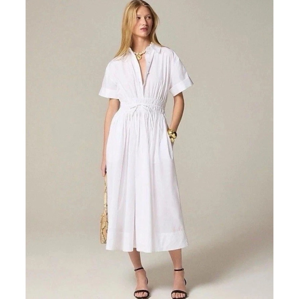 J.Crew Elena Shirt Dress Cotton Poplin White Midi Classic Sz 12 Minimalist Prep